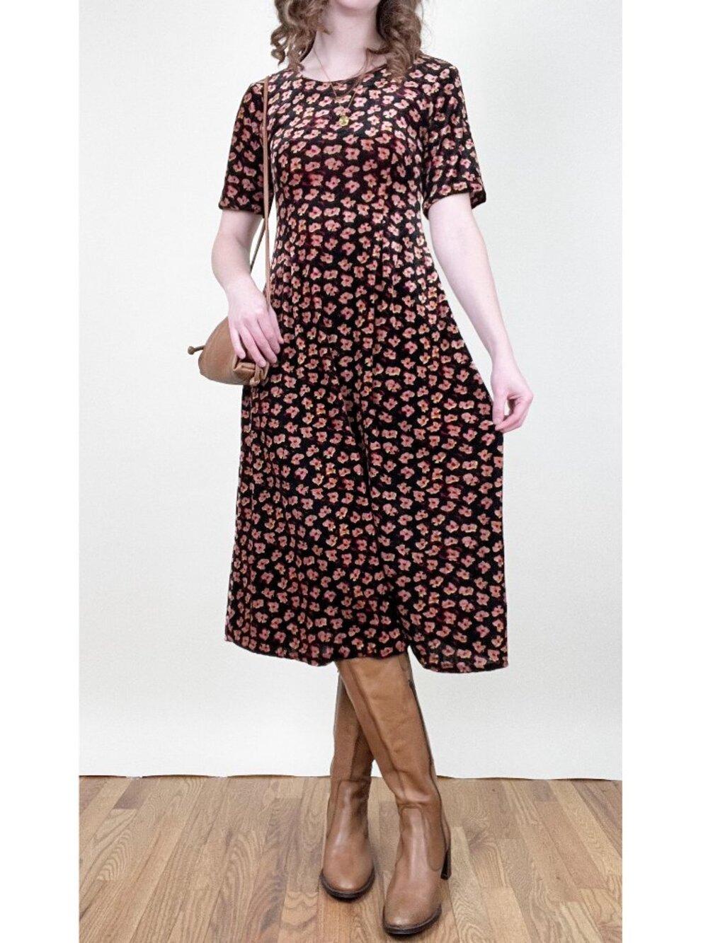 Vintage Velvet Floral Midi Dress Romantic Feminine Whimsigoth Witchy 90s 1990's